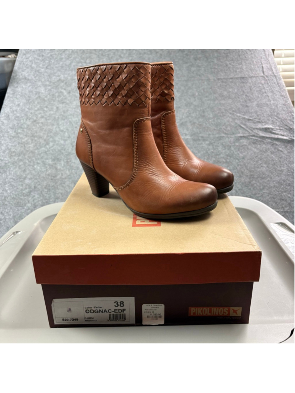 Pikolinos Womens EU 38 Cognac Leather Ankle Boots Woven Side Zip Heeled